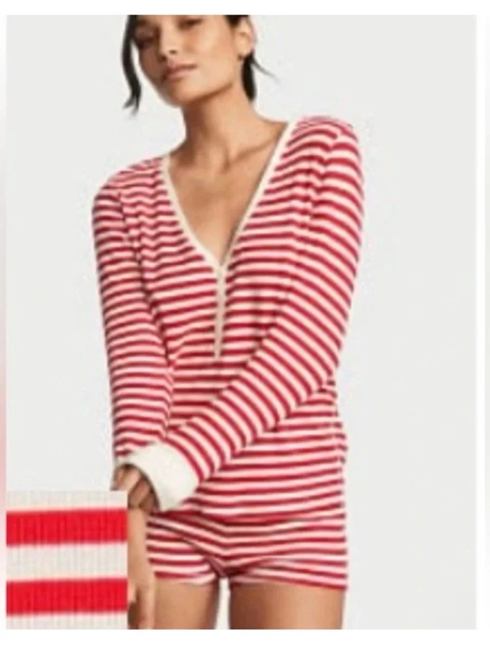 Victoria's Secret Red & White Striped Henley Pajama Set - Picture 1 of 10